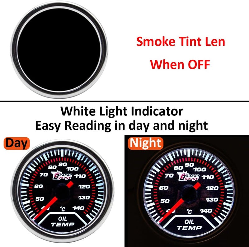LKRXW Car Oil Temp Gauge 2" 52mm Auto Oil Temperature Gauge Meter Celsius Pointer 12V Bright Light Indicator Meter Smoke Len 40 to 140 Celsius - Image 5